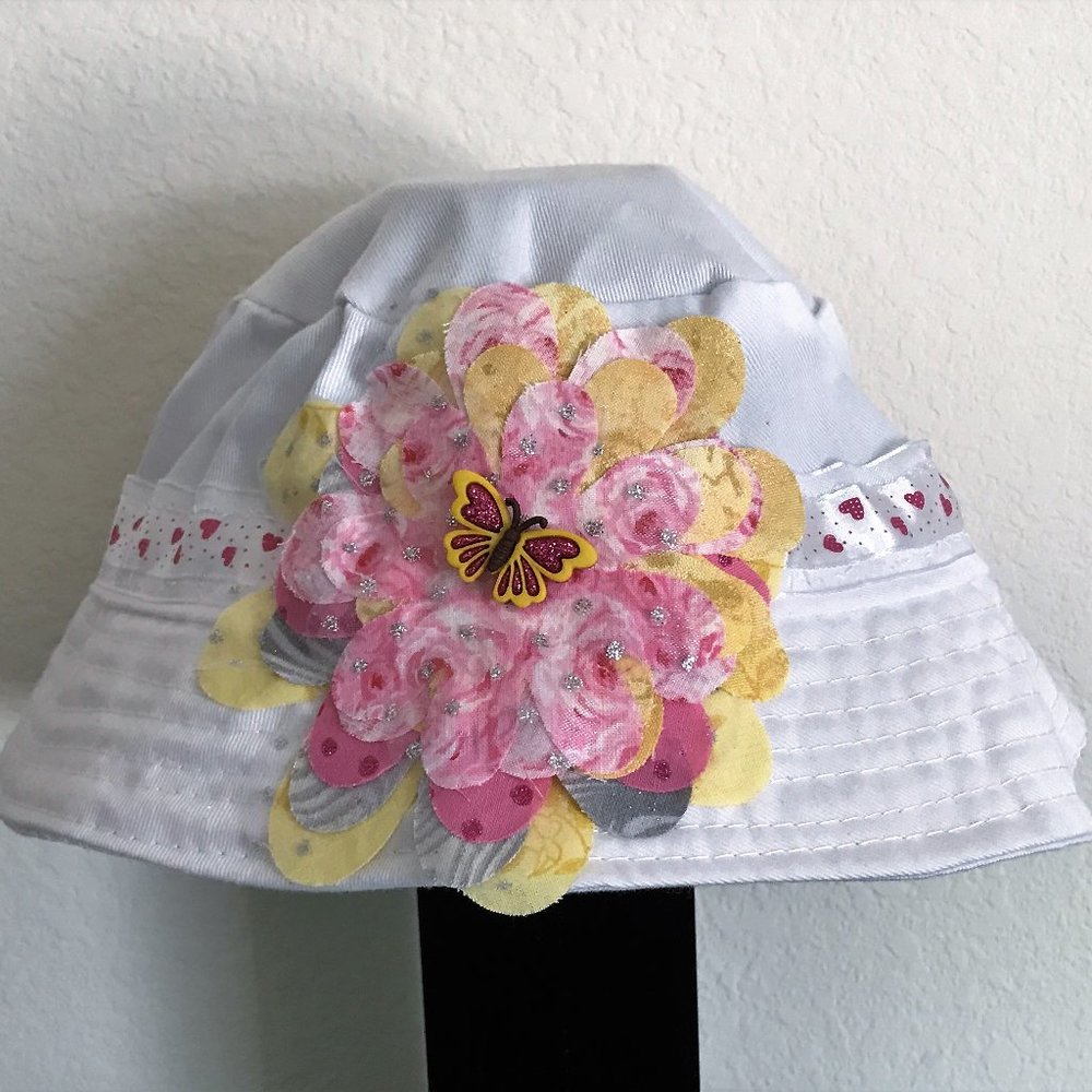Little Girls Hand-Decorated White Bucket Hat with Pink Butterfly